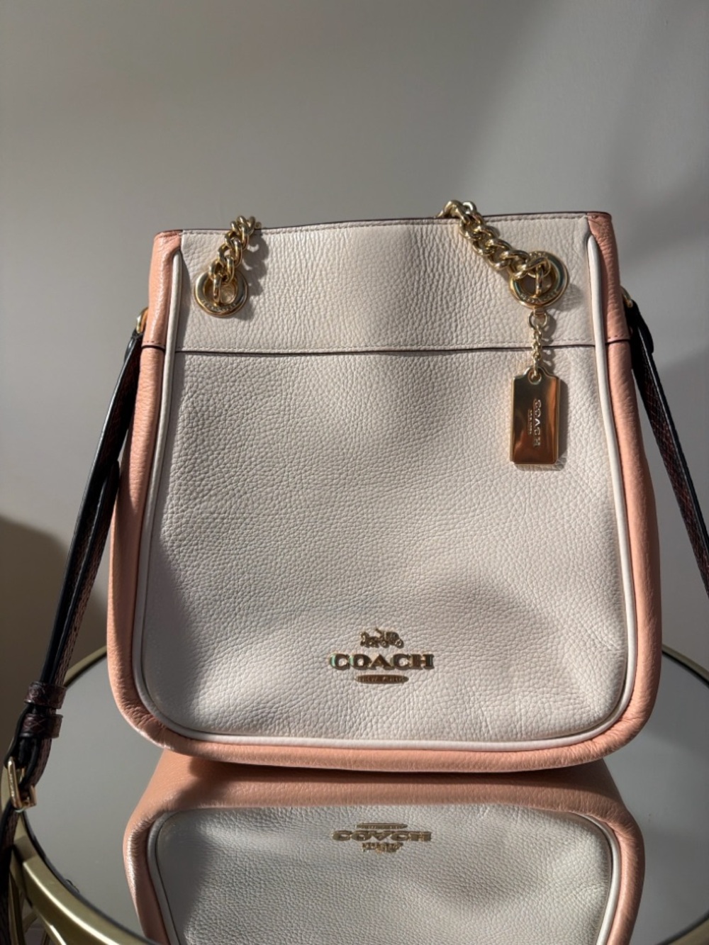 COACH Two-Tone Leather Shoulder Bag in Chalk and Pink/Peach